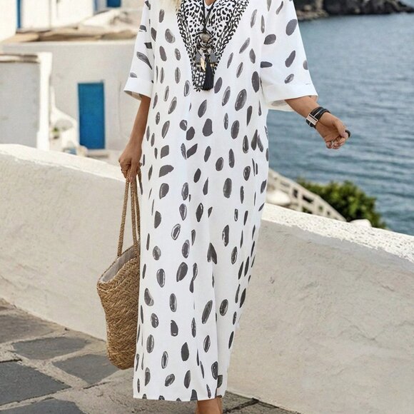 Apricot Bohemian Women's V-Neck Floral Print 3/4 Sleeve Kaftan Dress Cover Up - Picture 4 of 7